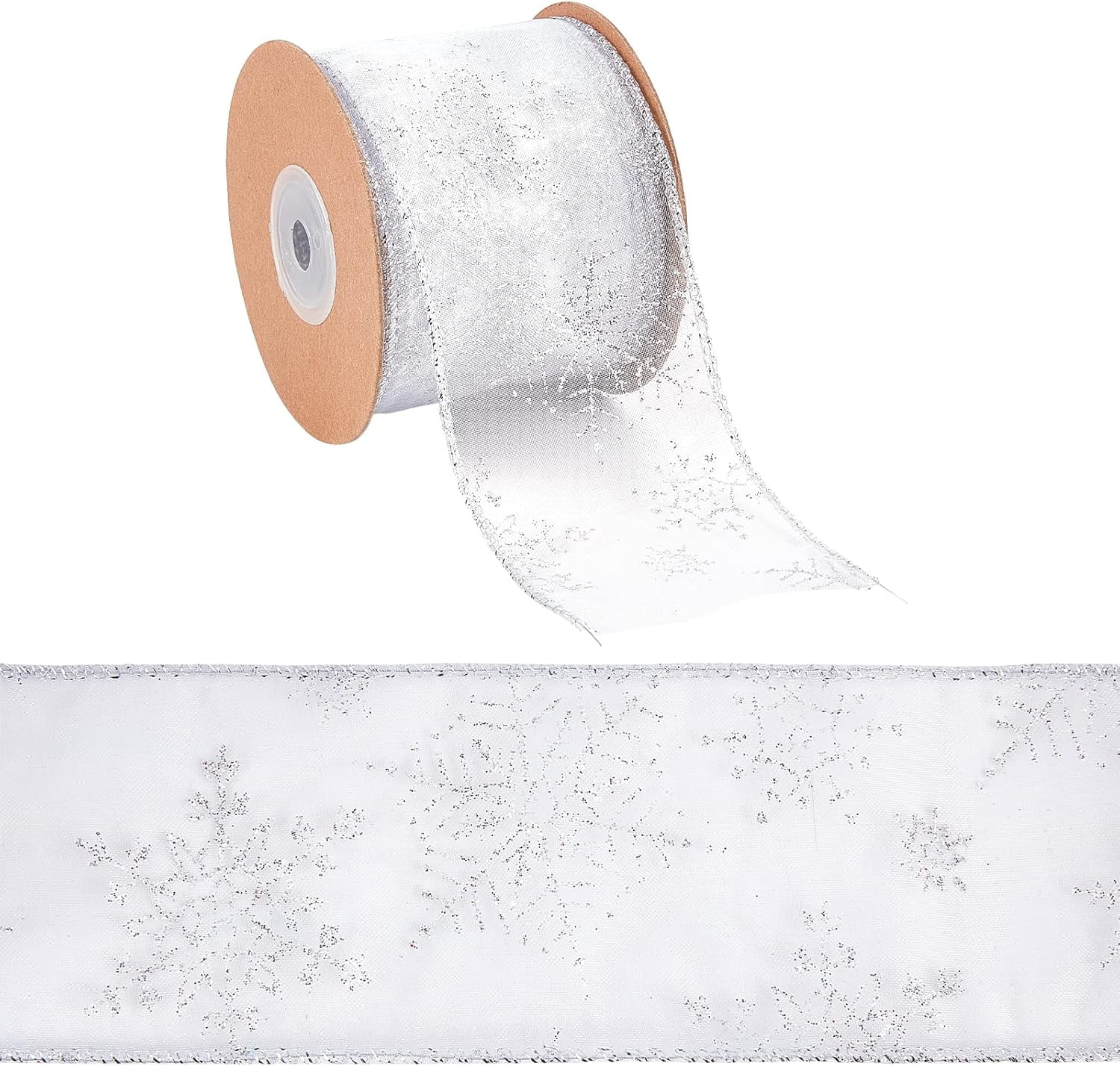 2-1/2 Inch x 10Yards Snowflake Wired Sheer Glitter Ribbon Organza ...
