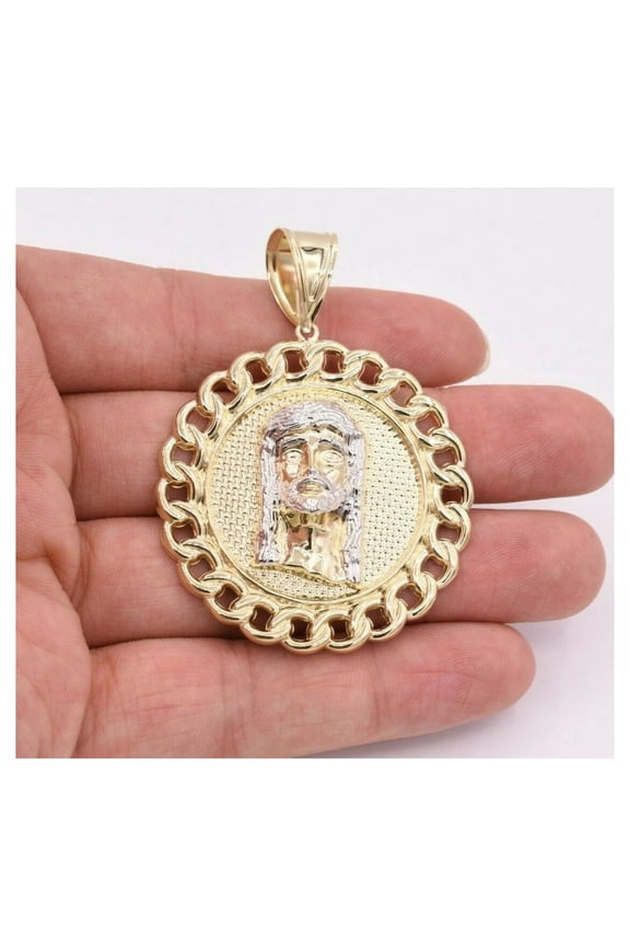 2 1/2" Jesus Medallion Cuban Border Unisex Adult Pendant 10K Yellow White Gold,11.20GR – Goldum NYC