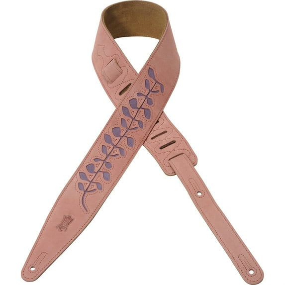 Levy's 2 1/2? wide pink suede leather guitar strap with color contrasting vine shaped in-lay and decorative stitching.