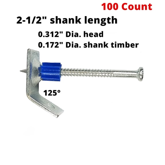 2-1/2" Timber Angle Clip Pins for Wood Ceiling Hanging Overhead Suspended Drop Ceiling Grid Attach Ceiling Wires to Wood PAT Ceiling Clip,Powder Drive Pins w/ Angle Clip, 125 Degree Angle, 100/PKG