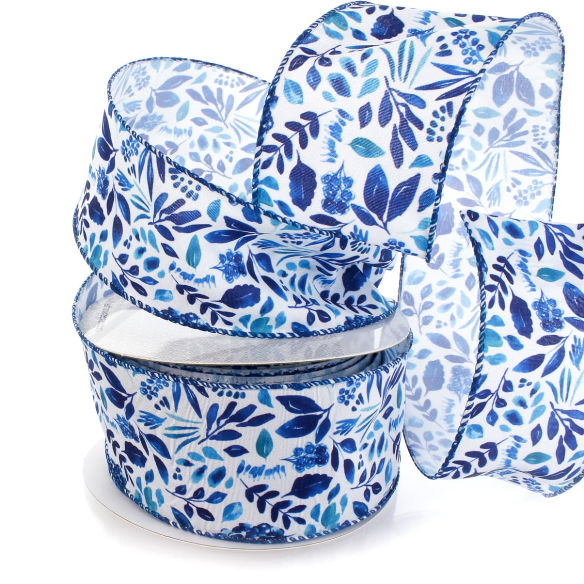 2 1/2" Wired Ribbon Blue Watercolor Foliage 25yds