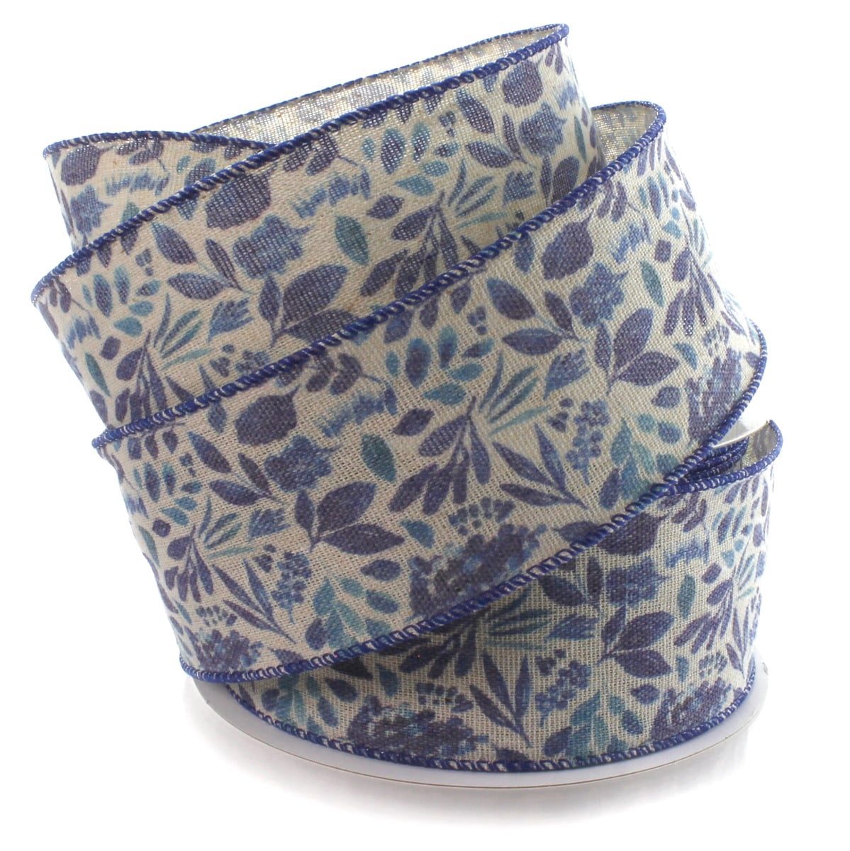 2 1/2" Wired Ribbon Blue Watercolor Foliage Burlap 25yds