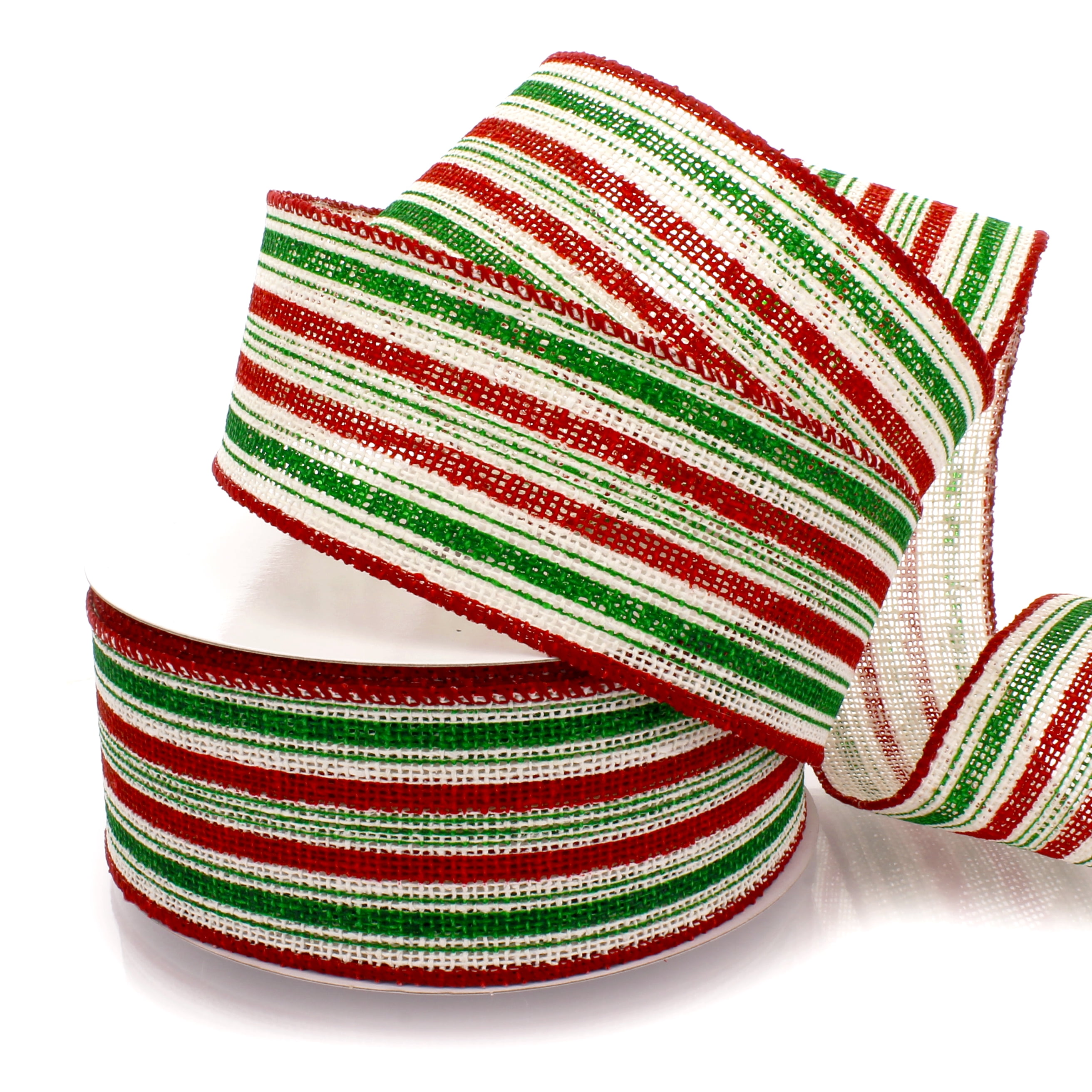 2 1/2" Wired Ribbon Christmas Red/Green/White Stripes Burlap - 25 Yards