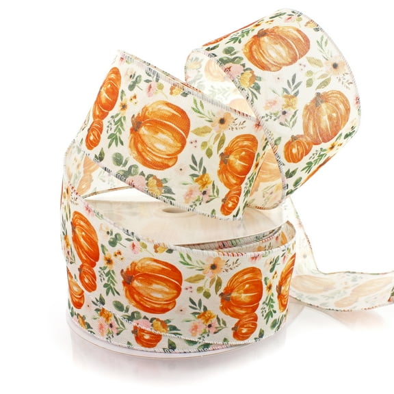 2 1/2" Wired Ribbon Fall Boho Floral Pumpkins 10 Yards