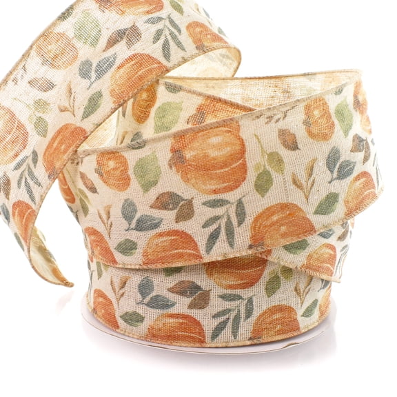 2 1/2" Wired Ribbon Fall Leaves and Pumpkins Burlap 25 Yards