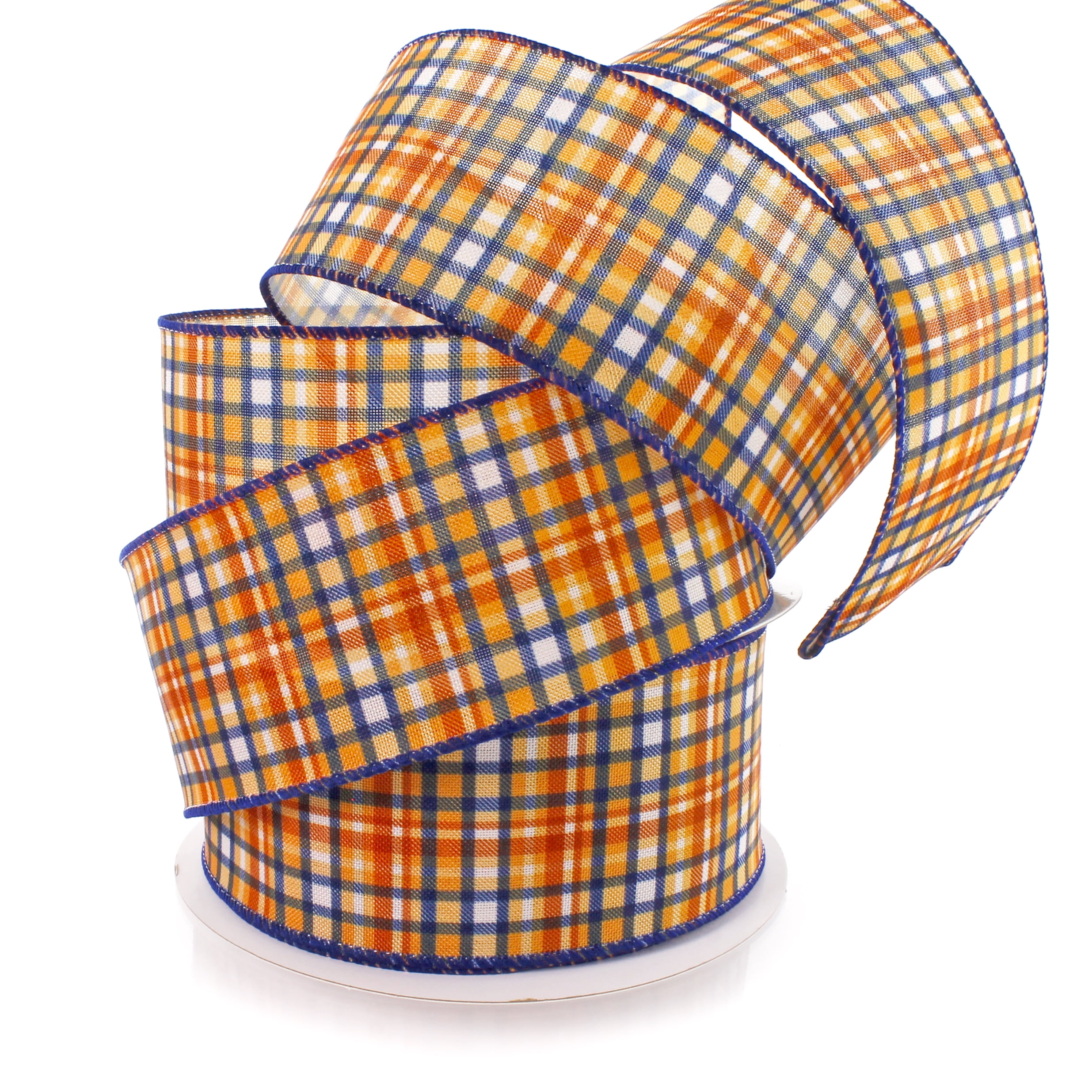 2 1/2" Wired Ribbon Fall Plaid Gold/Navy/Rust Orange 25yds