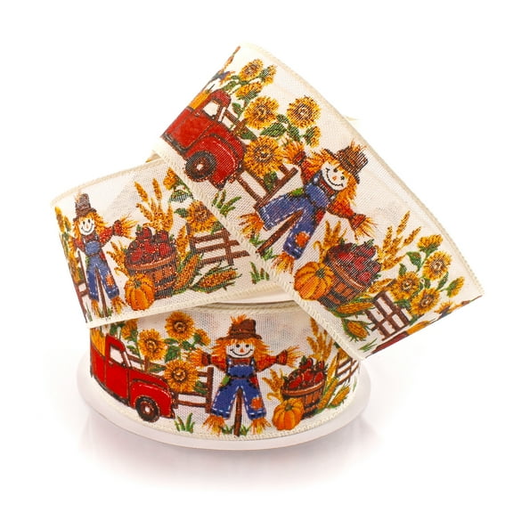 2 1/2" Wired Ribbon Fall Scarecrows and Sunflowers 10yds