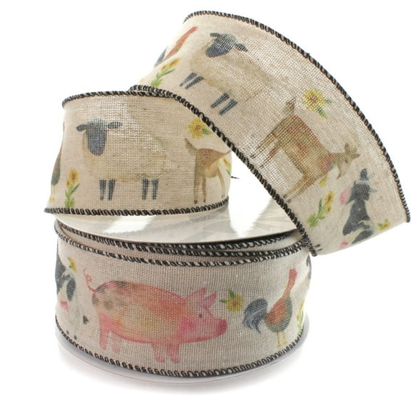 2 1/2" Wired Ribbon Farm Animals Burlap 10 Yards
