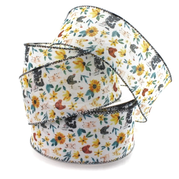 2 1/2" Wired Ribbon Farm Animals Sunflowers 10yds