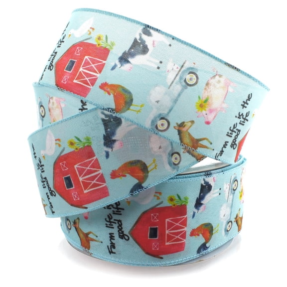 2 1/2" Wired Ribbon Farm Life Blue 10yds