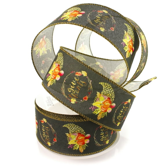 2 1/2" Wired Ribbon Give Thanks Fall Cornucopia 10yds