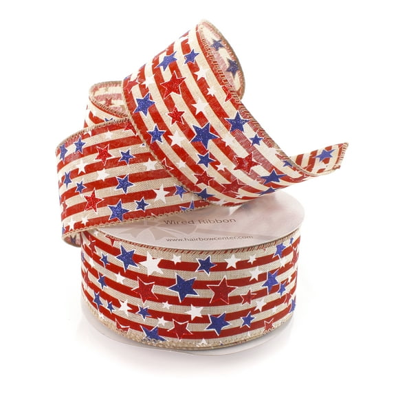 2 1/2" Wired Ribbon Glitter Stars and Stripes Burlap 10 Yards