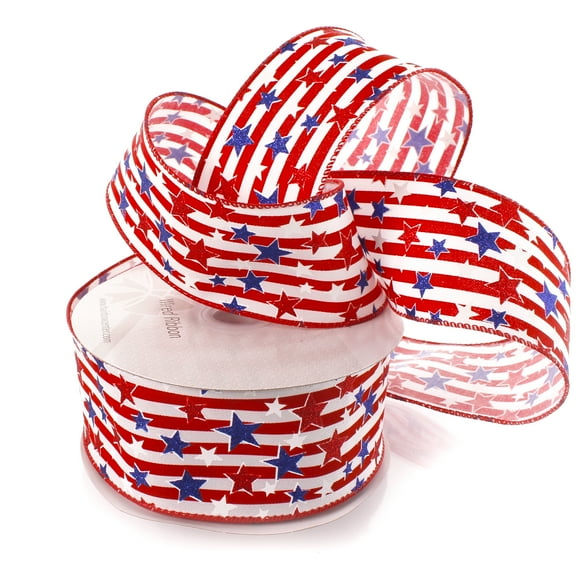 2 1/2" Wired Ribbon Glitter Stars and Stripes RWB 10 Yards