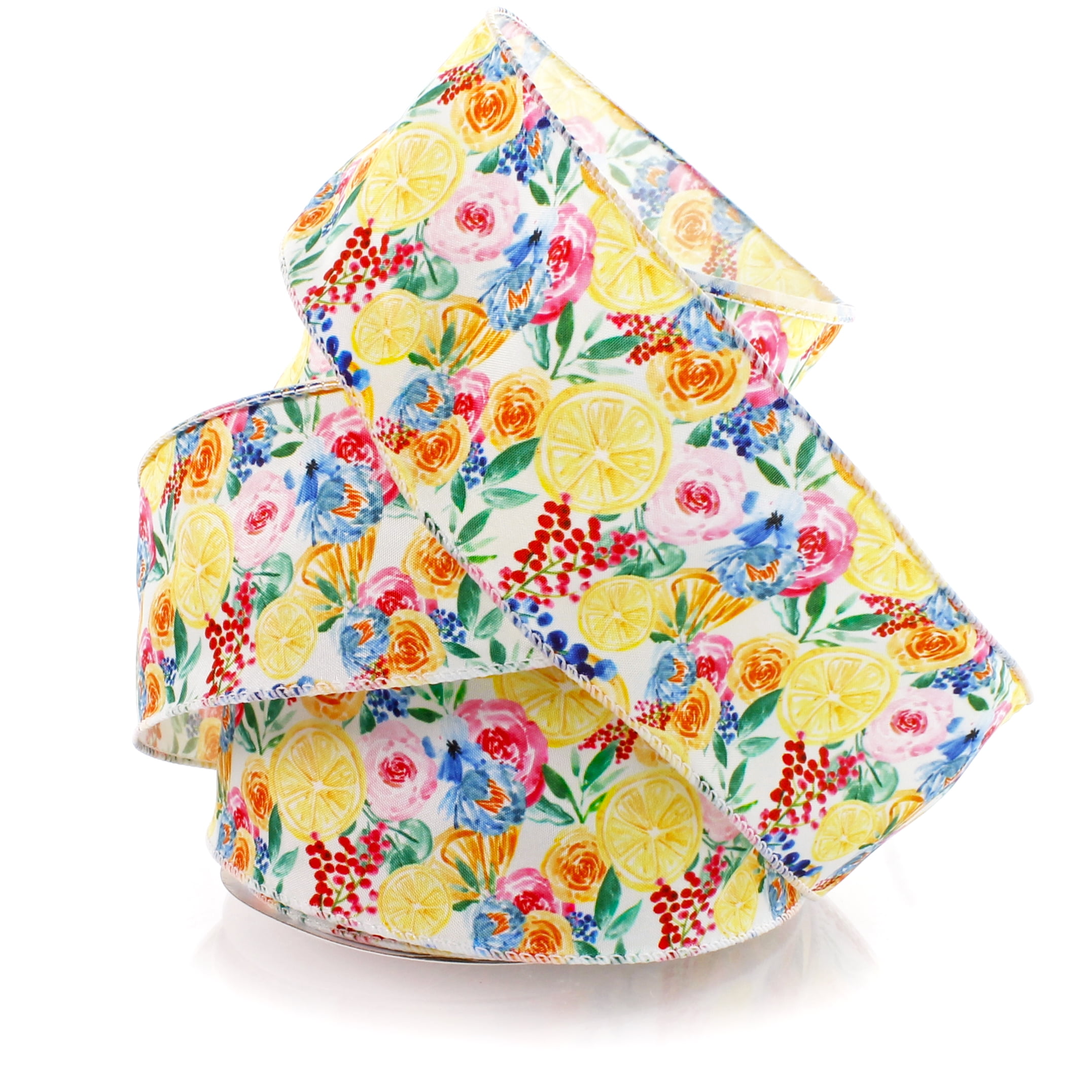 2 1/2" Wired Ribbon Lemon Floral 25 Yards