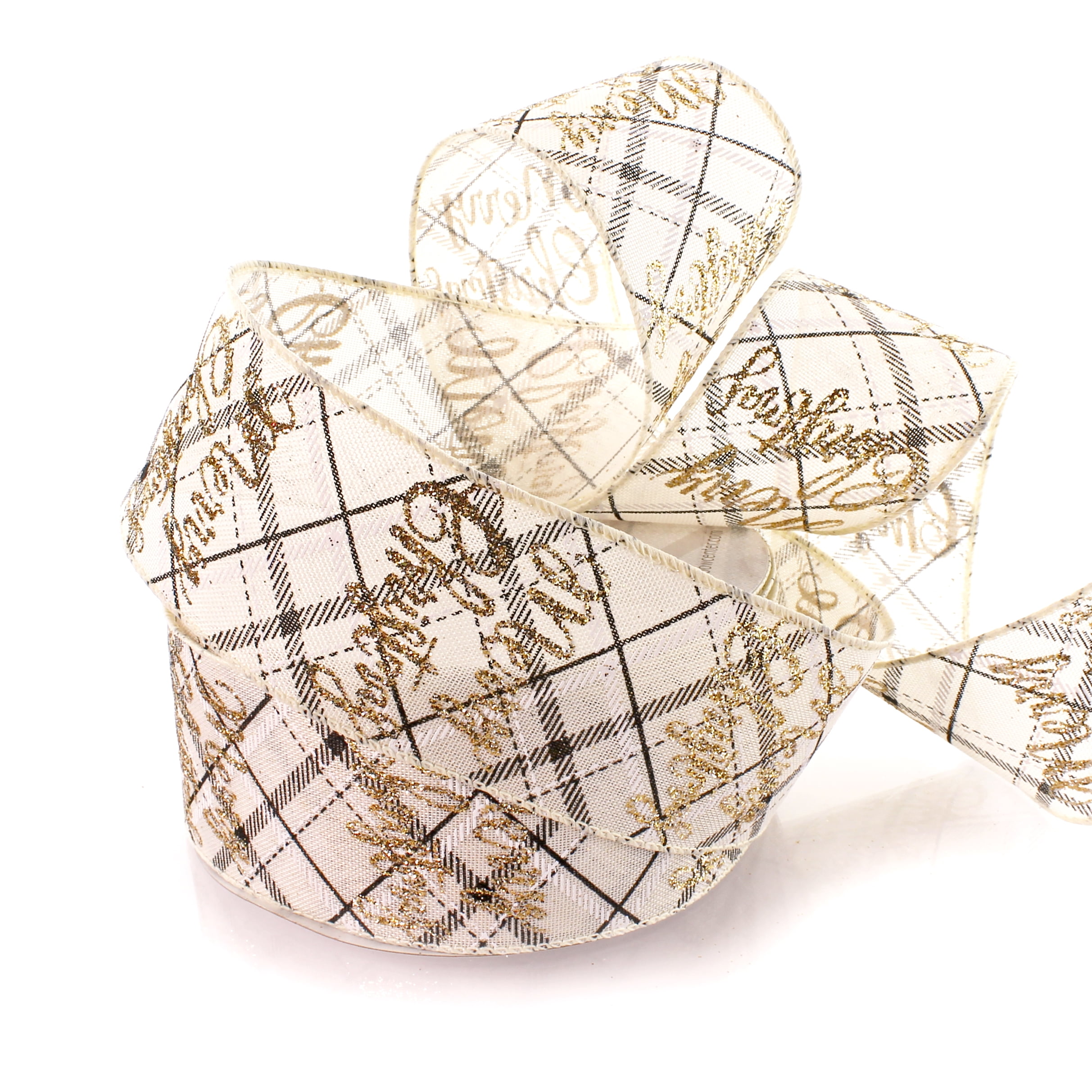 2 1/2" Wired Ribbon Merry Christmas Text Black Plaid 25yds