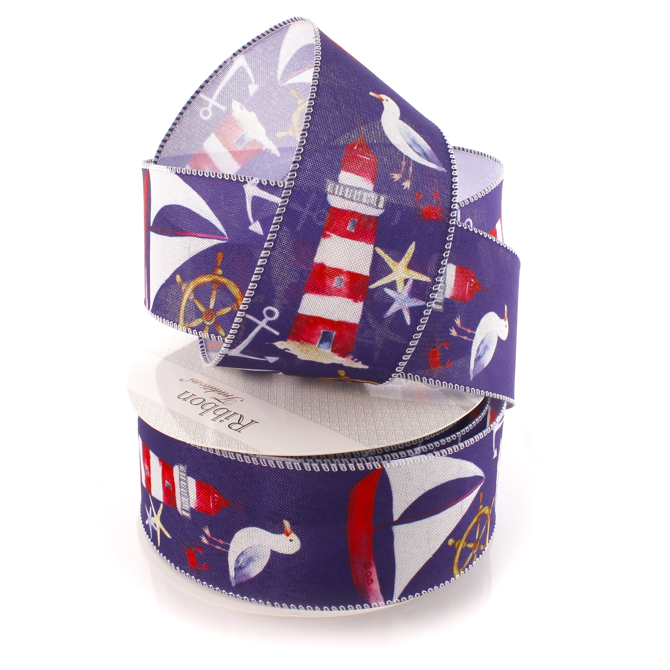 2 1/2" Wired Ribbon Nautical Seaside Mix Navy 25yds