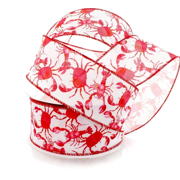 2 1/2" Wired Ribbon Nautical Watercolor Red Crabs and Lobsters 10 Yards