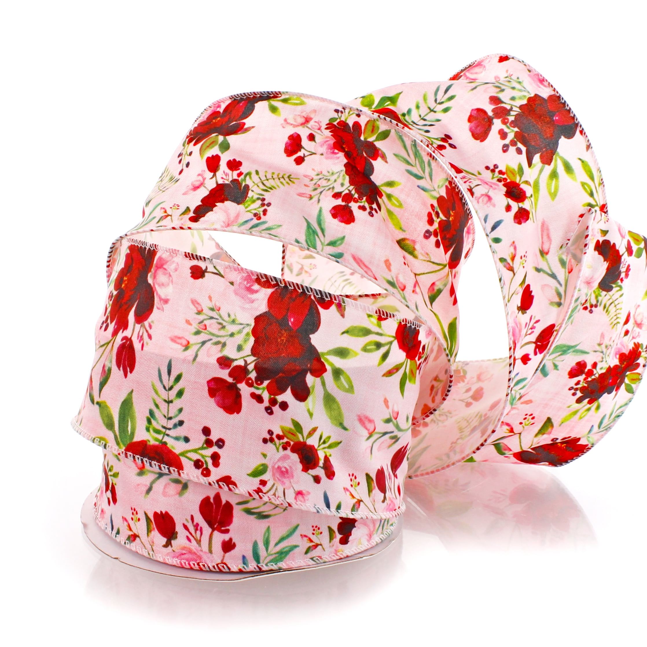 2 1/2" Wired Ribbon Pink and Red Roses 25yds