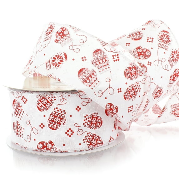 2 1/2" Wired Ribbon Red Winter Mittens Red - 10yd