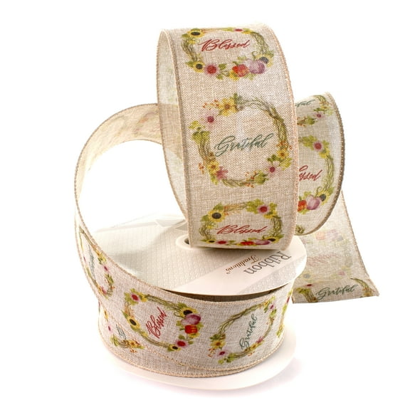 2 1/2" Wired Ribbon Thanksgiving Blessed Wreaths Burlap 25 Yards