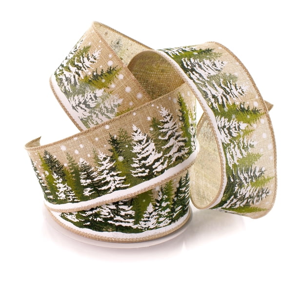 2 1/2" Wired Ribbon Winter Snowy Woodland Trees Burlap 25 Yards