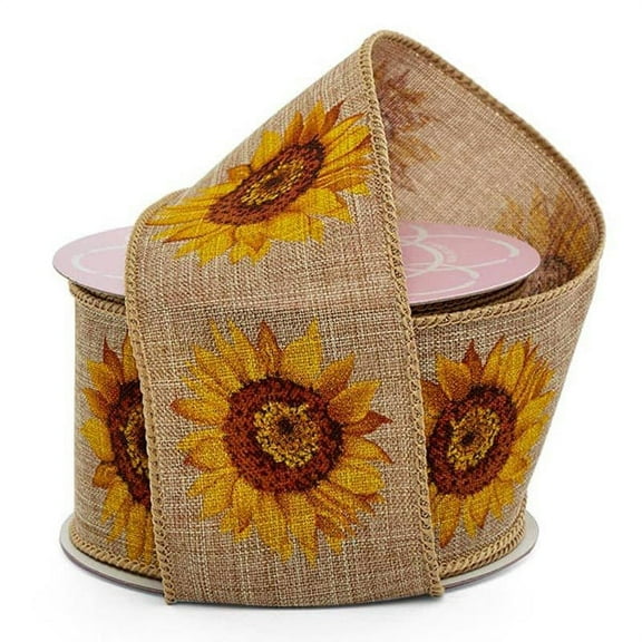 2 1/2" X 10 Yards Sunflowers On Natural Linen Ribbon