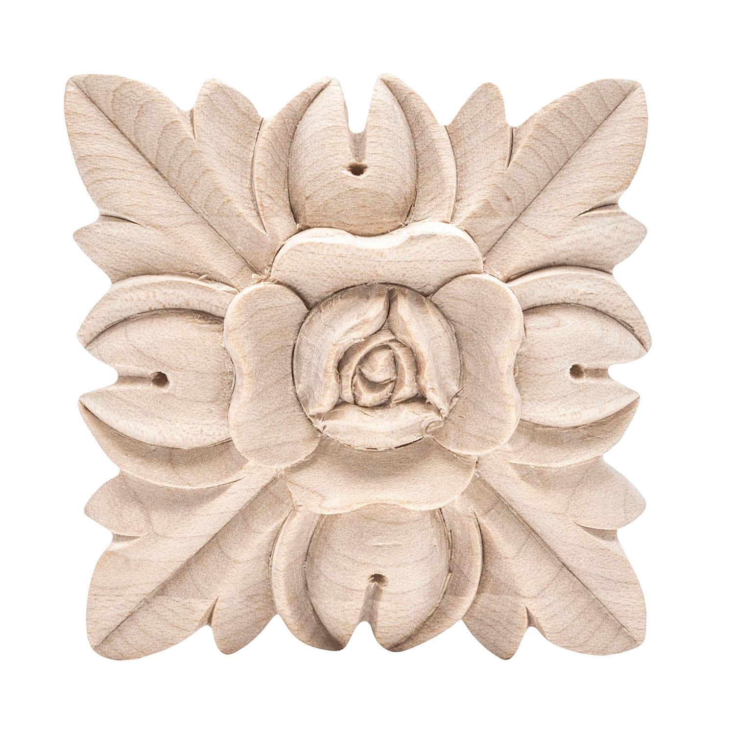 Unfinished Hand Carved Maple Wood Floral Onlay Applique