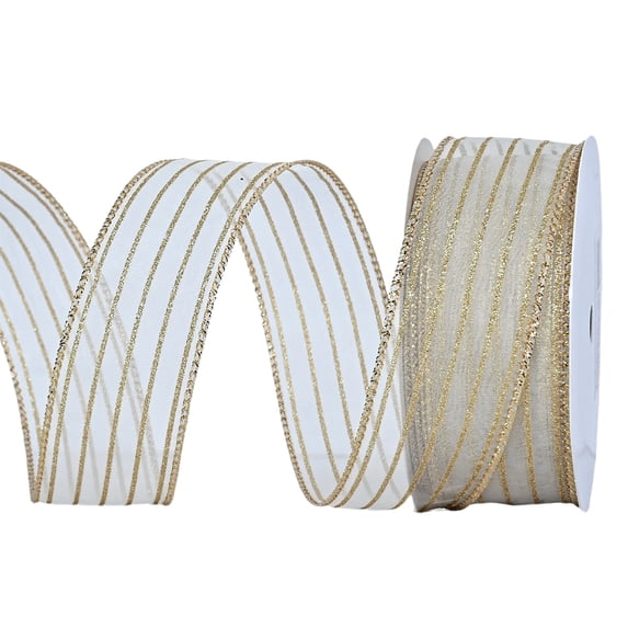 2 1/2" x 10 Yard Ribbon with Gold Stripes for Christmas Decorations, Sheer Ribbon For Christmas Tree, Wreath, Gift Wrapping, Bow Making & Holiday DIY Decoration