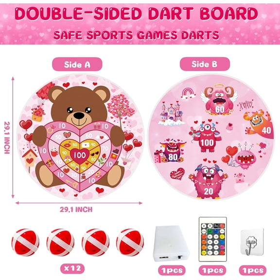 2 in 1 29" Large Valentine's Day Light Dart Board with Light Sticky Balls,Large Valentine's Day Bear and Monster Dart Board Game,Valentine's Day Party Supplies Indoor Outdoor Decor(Double Sided)