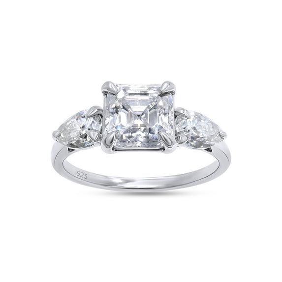 2 1/4 Carat 7MM Asscher Shape & 6X4MM Pear Cut Lab Created Moissanite Diamond 3-Stone Engagement Ring For Women In 14K White Gold Over Sterling Silver (G-H Color, VVS1 Clarity, 2.25 Cttw)-8