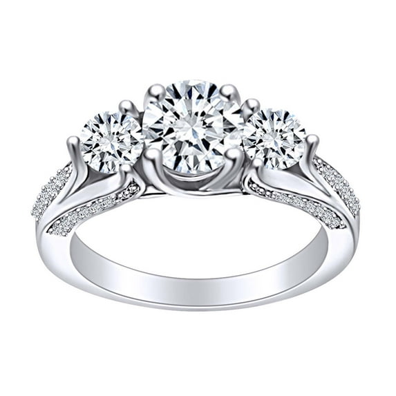 AFFY 2 1/4 Carat Round Cut White Natural Diamond Three Stone Engagement Ring In 14k Solid White Gold (2.25 Cttw) Ring Size-7.5