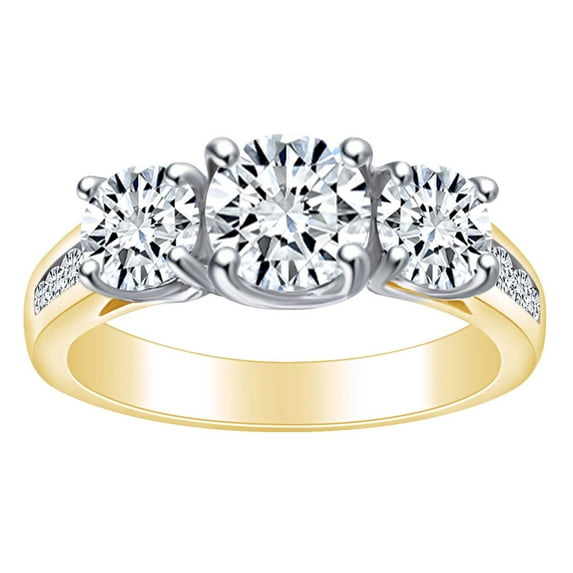 AFFY 2 1/4 Carat Round Shape White Natural Diamond Three Stone Engagement Ring In 14k Solid Yellow Gold (2.25 Cttw) Ring Size-8.5