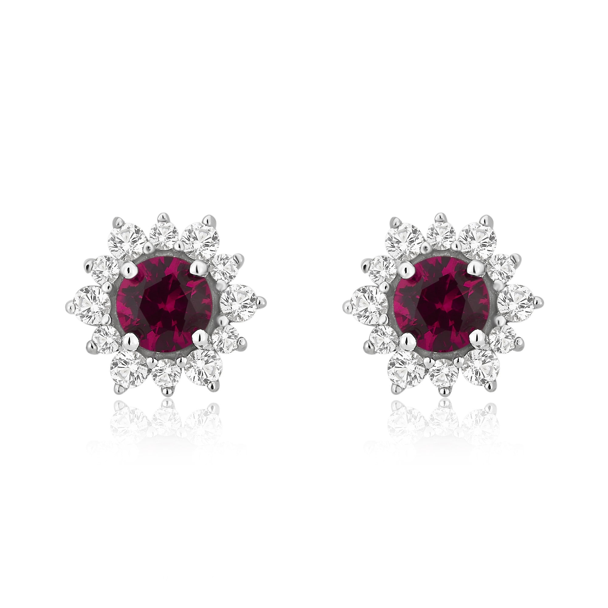 2 1/4 Carat T.W. Created Ruby and White Sapphire Sterling Silver Flower Earrings