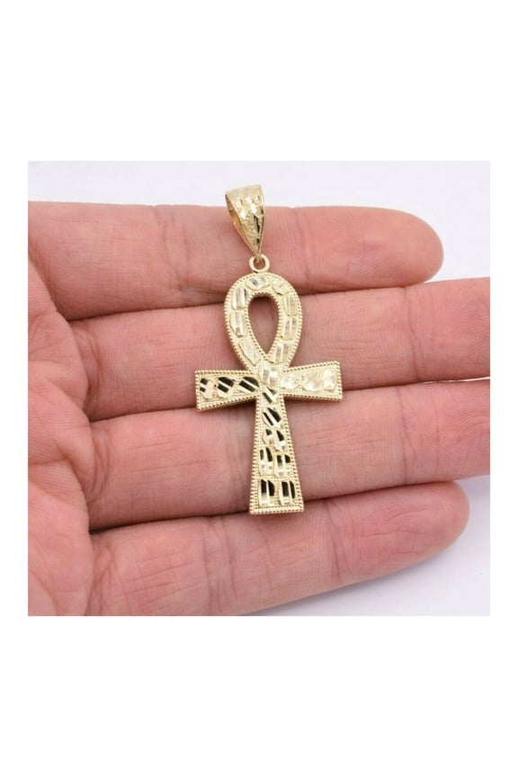 2 1/4" Diamond-Cut Ankh Cross Pendant Unisex Adult Charm 10K Yellow Gold, 5.40 Gr- GOLDUM NYC
