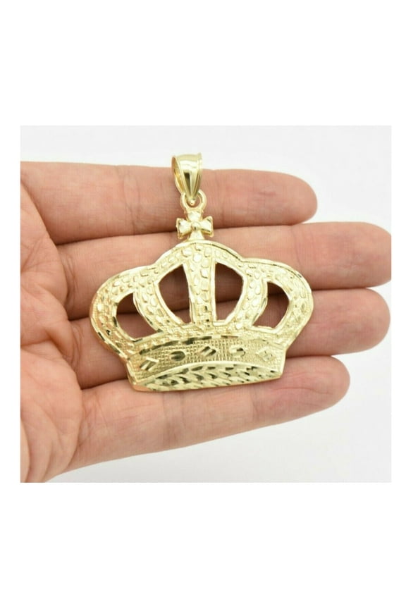 2 1/4" Diamond-Cut Nugget Crown Pendant Women’s Adult Charm Real 10K Yellow Gold 8.55 Gr, Goldum NYC