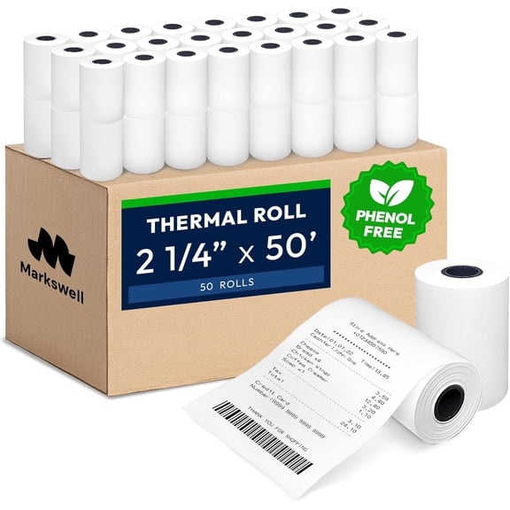 2 1/4" x 50' Thermal Paper (50 Rolls) - Non Phenol, BPA & BPS Free Receipt Paper, 48 GSM Safe Thermal Printer Paper, Work for Credit Card Machines, Cash Register Tape, POS Printers