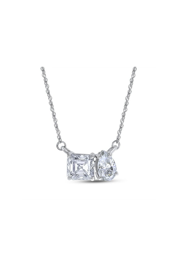 2 1/4CT 8X5MM Pear Shape & 6.5MM Asscher Cut Lab Created Moissanite Diamond 2 Stone Toi Et Moi Pendant Necklace For Women In 14K White Gold Over Sterling 18" (G-H /VVS1, 2.25 Cttw)