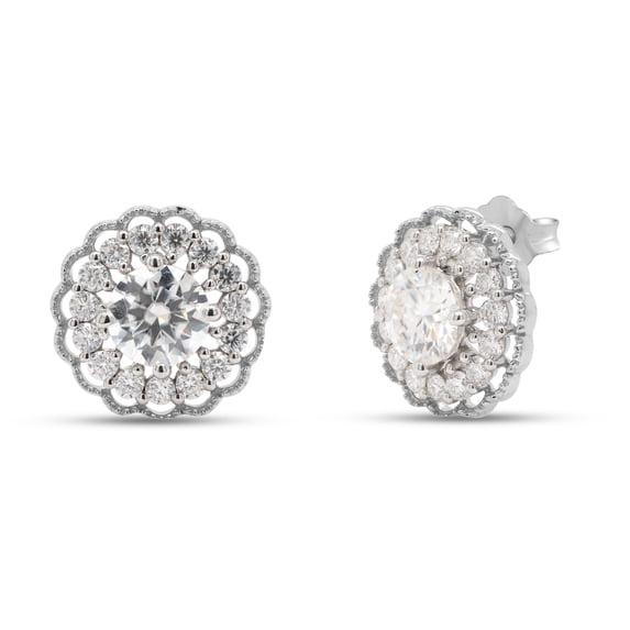 2 1/5 ct.t.w Center 6MM Round Cut Lab Created Moissanite Diamond Flower Halo Stud Earrings In 14K White Gold Over Sterling Silver Jewelry For Women (G-H Color, VVS1 Clarity, 2.20 Cttw)