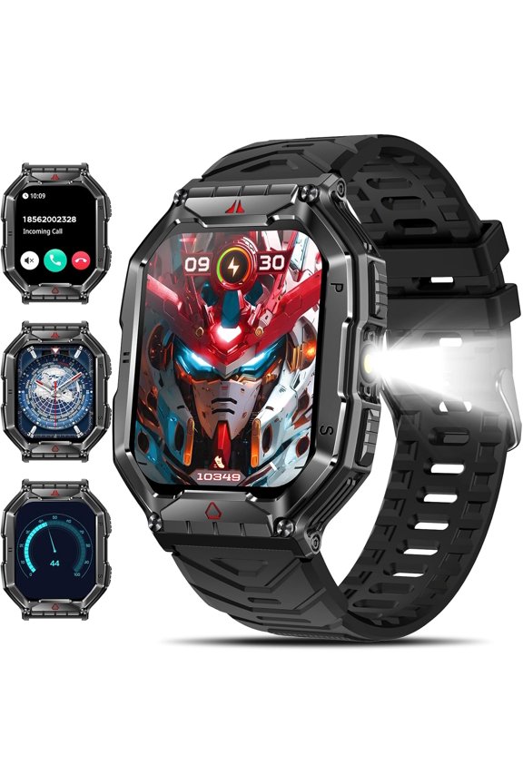 2.1" AMOLED Men Military Smart watch, Answer Make Calls/with Fitness Tracker/100+ Sport Modes/IP67 Waterproof, Mountain Travel Pedometer Watch fits for Android and Iphone Devices (Black)