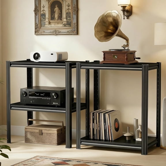 2 in 1 AV Media Player Stand, Black Adjustable Stereo Cabinet, 23.6" W Metal TV Stand, Game Console Shelf, Small Media Entertainment Center for Home, Conference Room, Game Studio