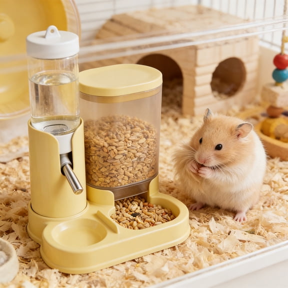 2 in 1 Automatic Hamster Feeder and Waterer, Standing Water Bottle with No Drip Dispenser and Food Bowl for Small Animals, Easy Clean, 6.3 x 5.12 x 4.33 Inch