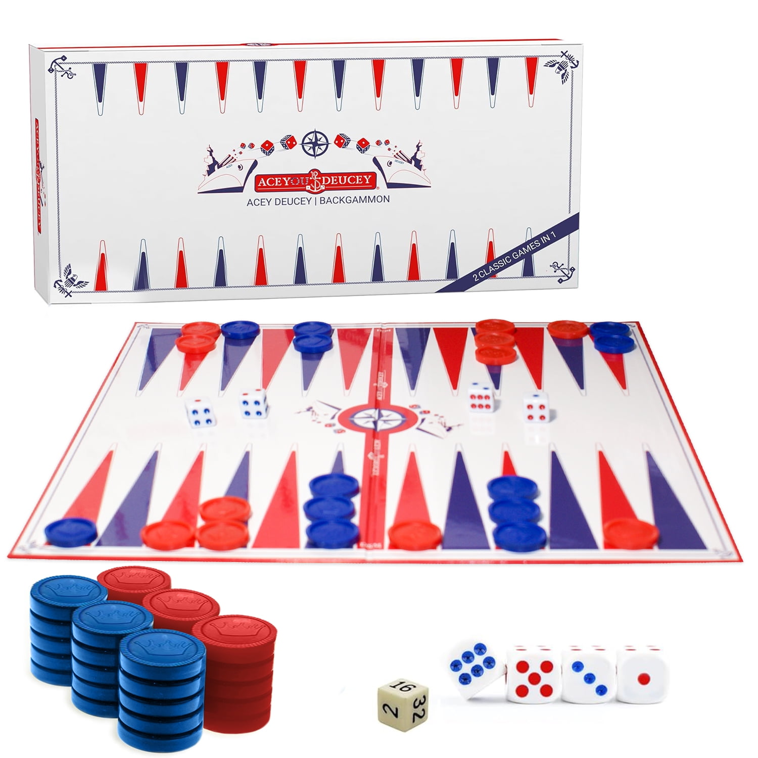 2 in 1 Backgammon & Acey Deucey Game15 Inch Classic Board Game with