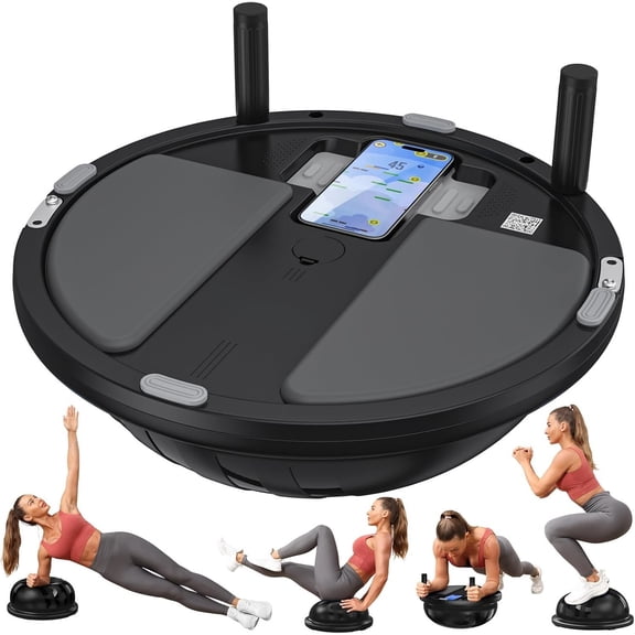 2 in 1 Ball & Plank Board Trainer with Free iOS/Android App & 4 Free for Full Workout - Half Exercise Yoga Ball Trainer with 2 Bands & Pump for Strength