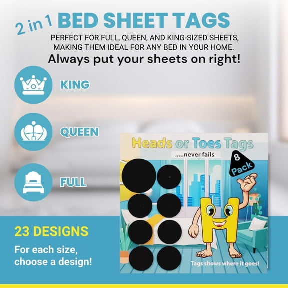 2 in 1 Bed Sheet Marking Tags - King, Queen or Full. for Each Size, Choose a Design. Plus Quick Identification to Put Your Bed Sheets on Right. Great Gift Ideas! #1 in Tags/Sheet Snaps. (Black)