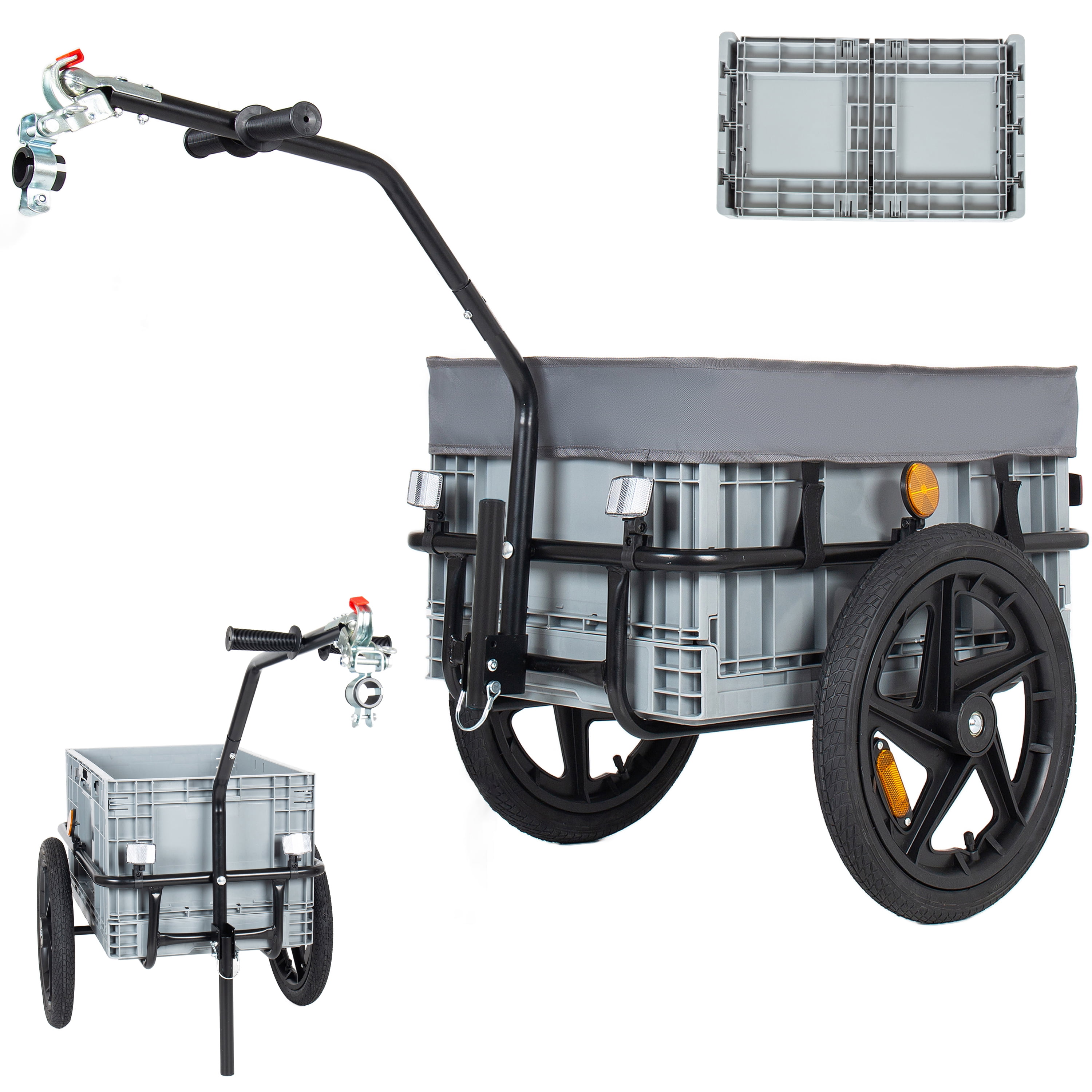 2 in 1 Bike Cargo Trailer with Foldable Storage Box, Removable & Waterproof Cover, Bicycle Trailer w/Quick Release 16" Wheels, 70L Large Capacity, Black+Gray