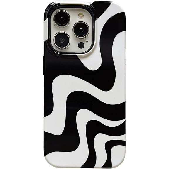 2 in 1 Black White Swirl Wave Phone Case Compatible with iPhone 12/12 Pro Classy Cute Chic Striped Hard PC Back Soft Bumper Glossy Strong Shockproof Girls Women i12 12pro 6.1" Cover
