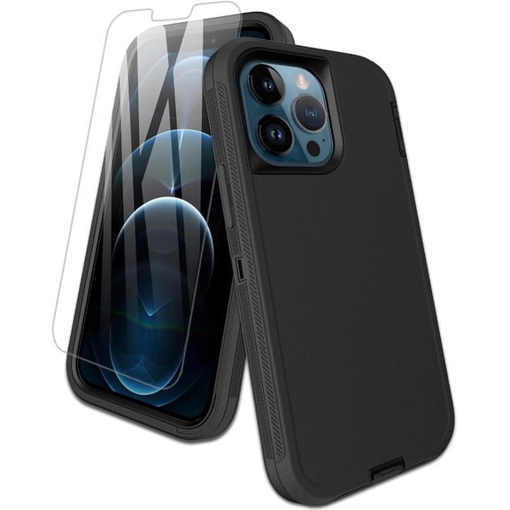 2 in 1 Bundle Designed for Apple iPhone 13 Pro Max Heavy Duty Case with 1 Clear Tempered Glass, Triple Layer Protection Shockproof Dropproof Dustproof Cover for Apple iPhone 13 Pro Max, Black