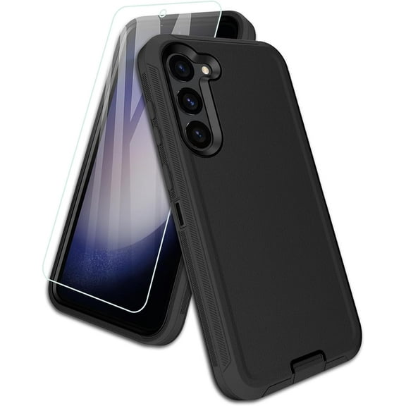 2 in 1 Bundle Designed for Samsung Galaxy S22 Plus Heavy Duty Case with 1 Clear Tempered Glass, Triple Layer Protection Shockproof Dropproof Dustproof Cover for Samsung Galaxy S22 Plus, Black