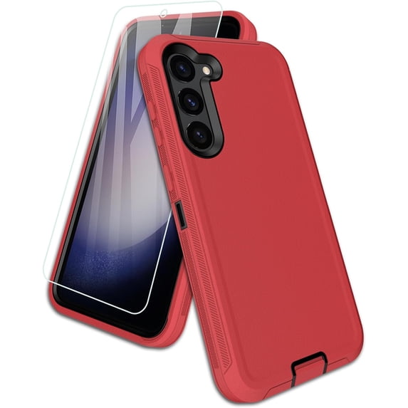 2 in 1 Bundle Designed for Samsung Galaxy S23 Plus Heavy Duty Case with 1 Clear Tempered Glass, Triple Layer Protection Shockproof Dropproof Dustproof Cover for Samsung Galaxy S23 Plus, Red