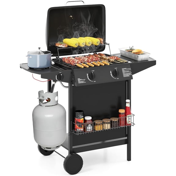 2 + 1 Burner Propane Gas Grill, 30,000 BTU Outdoor Cooking Grill with Storage Shelves & Porcelain-Enameled Grates, Portable BBQ Grills on Wheels w/Thermometer for Backyard, Camping & Picnic